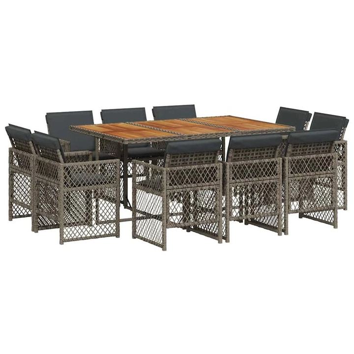 vidaXL 11 Piece Garden Dining Set with Cushions Grey Poly Rattan